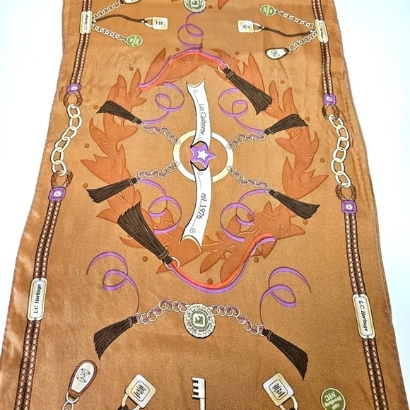 Liz Claiborne 100% Silk Rectangle Scarf Heritage Logo Print Tassels Charms Locks - Picture 3 of 6